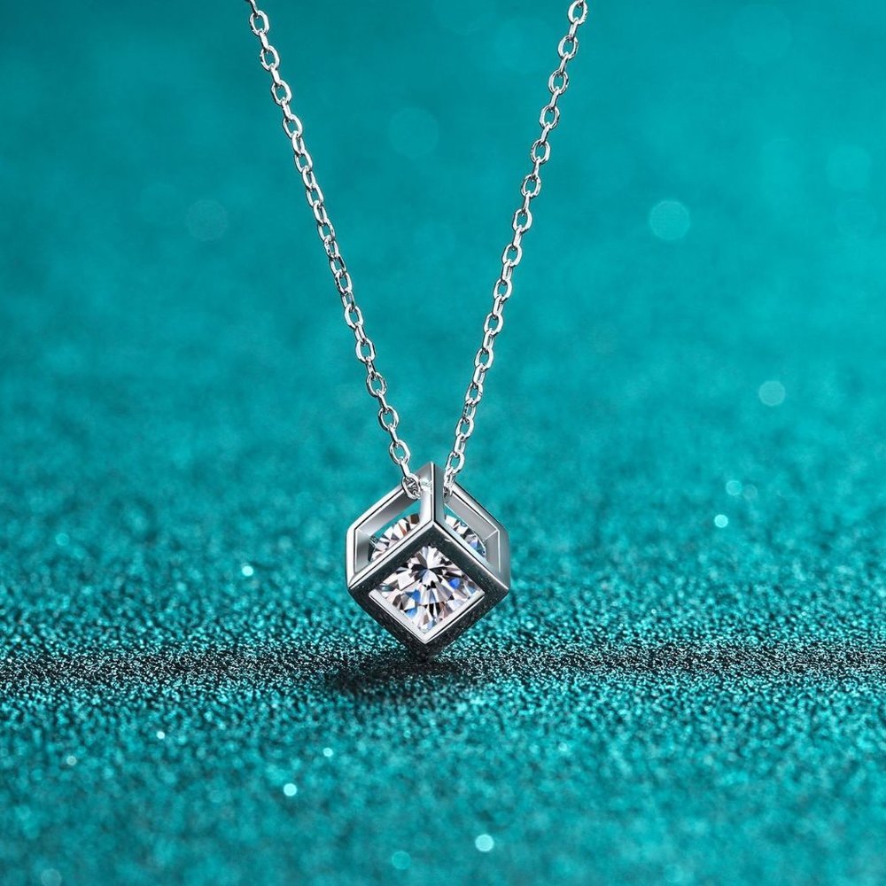 Certified 1ct. t.w. Moissanite Diamond Cube Necklace NEW - Picture 2 of 7
